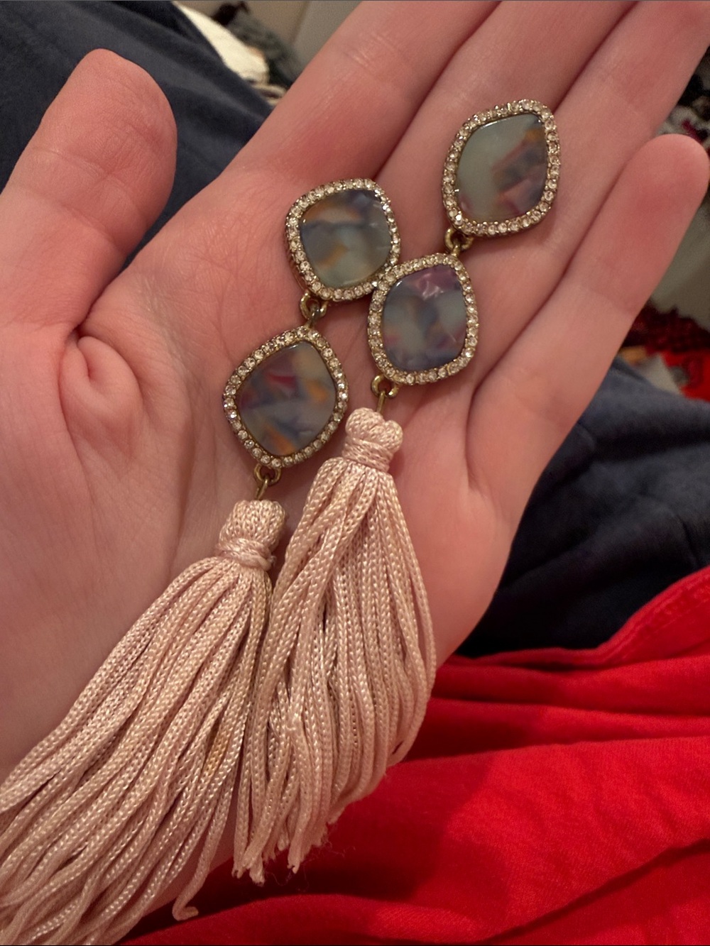 Blush Pink Tassel Drop Earrings with Iridescent Stone Panels
